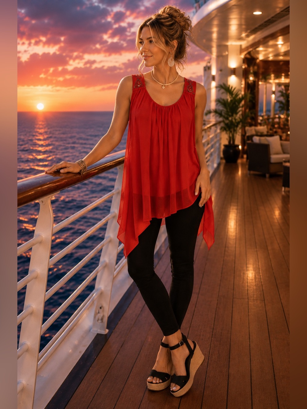 Signature Studio Red Embellished Asymmetrical Blouse Flowy Chiffon Top | Size S